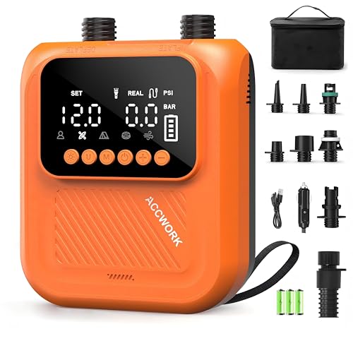 Electric Paddle Inflator 20 PSI - Automatic Shut-Off & Inflation/Deflation, Rechargeable Air Pump with 7 Nozzles for Inflatable Mattress, Sup, Tent, Kayak