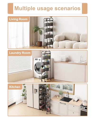 UMDONX Premium Metal Kitchen Trolley Pull out Drawers Narrow 5 Tier, Vegetable Fruit Storage Rack Utility Organiser Cart, Slim Shelving Unit with Universal Lockable Wheels - Black