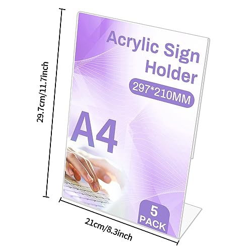 Sagreeny A4 Acrylic Sign Holder,5 Pack L-Shape Display Stands, Poster Menu Holder, Clear Plastic Holders Stands For Table Restaurant Hotel Documents Office (A4-L 5Pack)