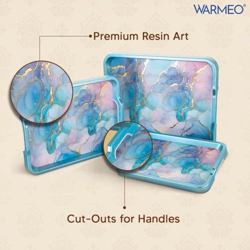WARMEO Royal Wooden Serving Tray Set |Multipurpose Decorative Trays|Premium MDF Resin Tray l Rectangular | Set of 3| Serene Ocean 2