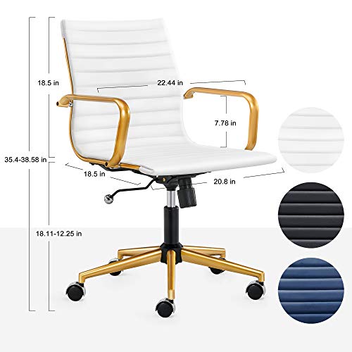 LUXMOD White and Gold Office Chair in White Leather, Mid Back Office