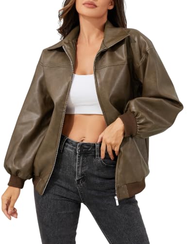 KWSTAIN Brown Leather Jacket for Women Bomber Autumn Winter Vintage Washed Faux Leather Long Lantern Sleeve Streetwear (Brown,L) at Amazon