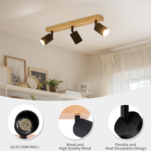 LVWIT Ceiling Lamps, GU10 Black Light Shade, 3 Way Wood Light Fixtures Ceilings, Adjustable Industrial Wall Ceiling Lamp, Ceiling Lamp for Living Room (No Bulbs Included)