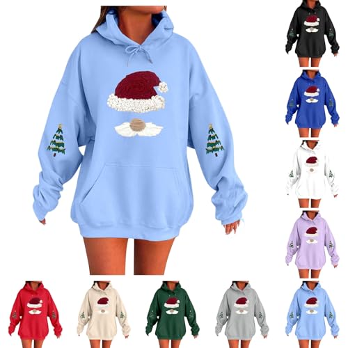Women'S Ugly Christmas Hoodies Cute Santa Xmas Hat Sweatshirts Long Sleeve Funny Graphic Printed 2025 Pullover Tops #A01-Light Blue S