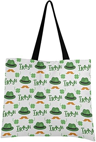 visesunny Ladies Further Giant Tote Bag Glad St Patricks Day Shamrock Mustache Hat Lettering Shoulder Baggage Girls Seaside Journey Reusable Grocery Purchasing Moveable Storage Purse