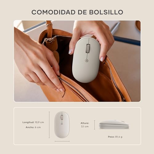 SATECHI OntheGo™ Wireless Mouse, USB-C Recharge, Bluetooth Up to 3 Devices, Adjustable DPI, Elegant Ergonomic Mouse for MacBook, Laptop, iPad and More - Beige