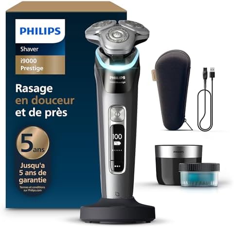 Rasoir i9000 Prestige, Rasoir électrique sec et humide, avec technologie Skin IQ, système Triple Lift & Cut, lames rotatives à 360° SteelPrecision, dosette à nettoyage rapide, modèle XP9202/30