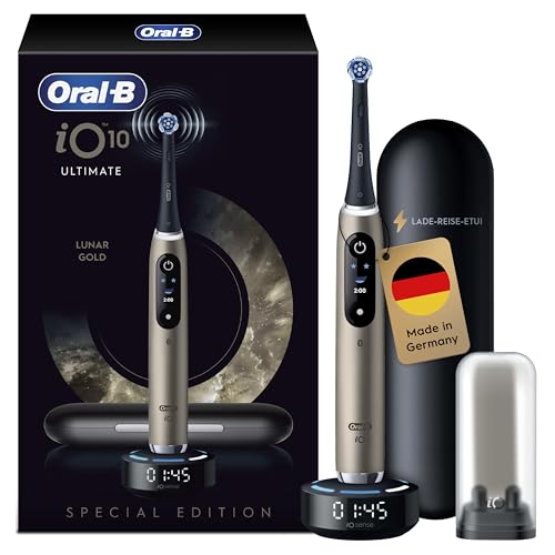 Oral-B iO Series 10 Elektrische Zahnbürste — Electric Toothbrush, Inkl. 1 Aufsteckbürste, iOSense & Smart Adapt Technologie, Lade-Reise-Etui — 7 Putzmodi für Zahnpflege, Designed by Braun, Lunar Gold