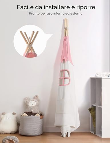 besrey Children's Play Tent Indian Canvas Teepee Cotton with Padded Mat and Fairy Lights (Pink and White)