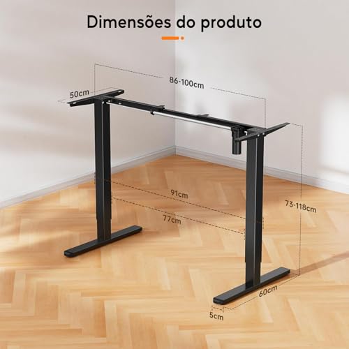 Estrutura de Mesa Elétrica Ajustável para Trabalho em Pé e Sentado – 3 Configurações de Memória, Altura de 72cm a 120cm, Base Ergonômica e Design Silencioso (Preto)
