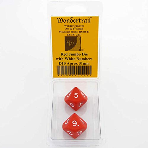 Red Jumbo Dice with White Numbers D10 31mm Pack of 2 Wondertrail