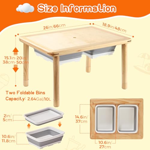 FUNLIO Wooden Sensory Table with 2 Bins for Toddlers 1-5, 3-Level Height Adjustable Kids Play Sand and Water Table, Anti-Warping Plywood Lid, Indoor/Outdoor Use, CPC Certified