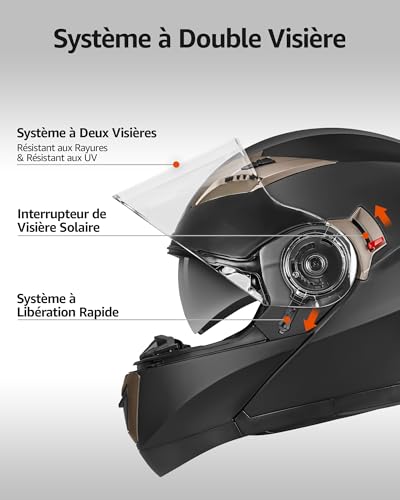 Modular Motorcycle Helmet ECE Approved – YEMA 1650926M Motorcycle Helmet Integral Scooter for Women Men Adults with Double Visors-Matte Black-S