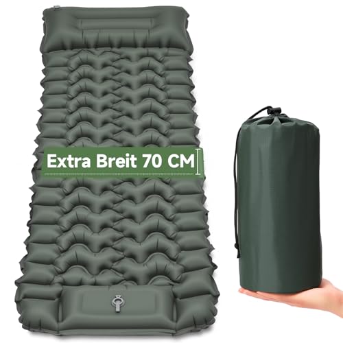 HAUSPROFI Sleeping Mat Camping Air Mattress Extra Wide Ultralight Inflatable - with Integrated Cushion & Foot Pump, 196 x 70 x 9 cm, 40D TPU, Small Pack Size for Outdoor & Travel