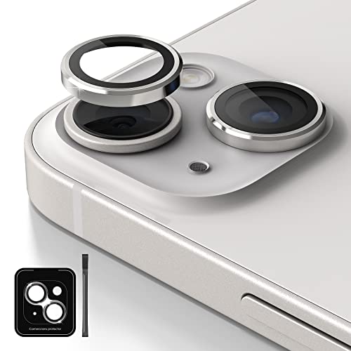 POROLIR Design for iPhone 14 Camera Lens Protector with Auto Tray, Aluminium Alloy Plus 9H Tempered Glass Camera Screen Protector for iPhone 14 (1 Set), CD Texture Silver