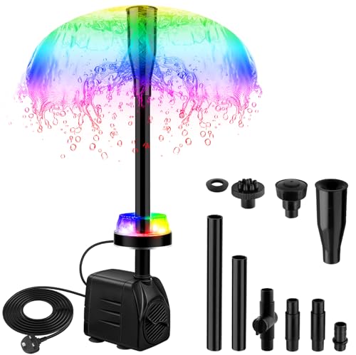 NATPOW Submersible Water Pump, 800L/H Mini Fountain Pump with RGB LED Lights Ultra-Quiet, 3M Cable Pond Pump with 4 Nozzles for Water Feature, Aquarium Fish Tank, Outdoor Fountain