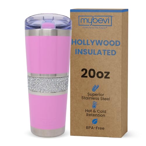 MyBevi Hollywood Insulated Tumbler – 20oz Stainless Steel Travel Cup with Leak-Resistant Lid | BPA-Free, Reusable, Fits Cup Holders, Hot & Cold for Gym, Work, or Commute – Pink