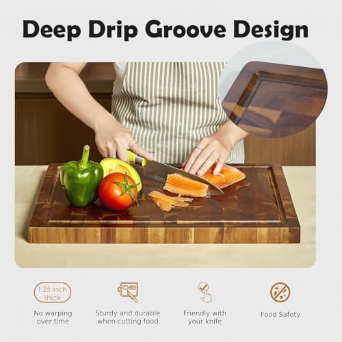Tabla para picar cocina de madera 40 × 30 × 3 cm, con canal para jugos y asa, ideal para carne, verduras y frutas, diseño a cuadros, madera natural y dura, fácil de limpiar