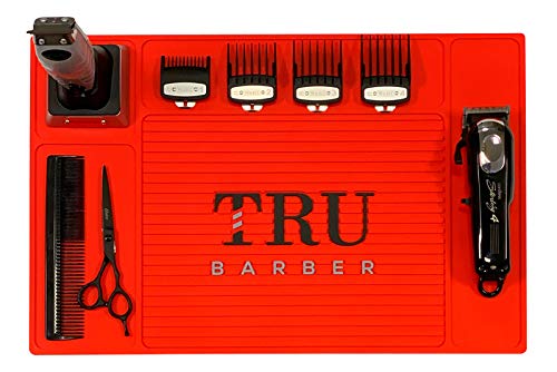 TRU Barber Organizer Mat 18" X 13" (RED) Flexible PVC Station Mat, Salon Barbershop Work Station Pads, Beauty Salon Tools, Counter mat for Clippers, Anti Slip