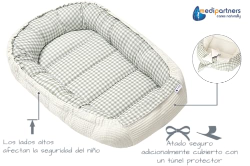 Nido Bebe Recien Nacido Reductor de Cuna - 100x60x15 Portátil o de Viaje de Colecho anticolicos Bilateral Bebés 100% Algodón Gofre (Cuadros con Oliva Gofre)