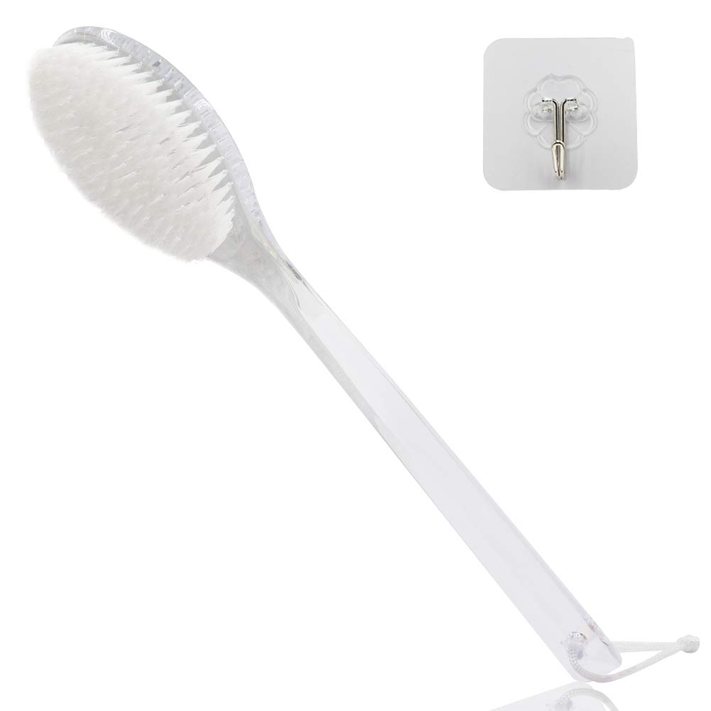 Mczcent Body Brush Dry Brushing Back Scrubber with Curved Plastic Long Handle Bath Shower Brush Dry Skin Exfoliating Cellulite Brush for Men and Women(Transparent Handle)