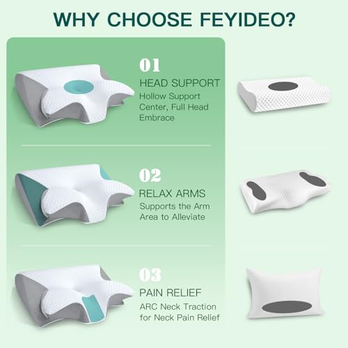 FEYIDEO Cervical Pillow, 2 in 1 Ergonomic Memory Foam Pillow Pillows for Neck Side Sleeper, Back and Mouth Down, 60 x 40 x 12/14 cm (Grey)
