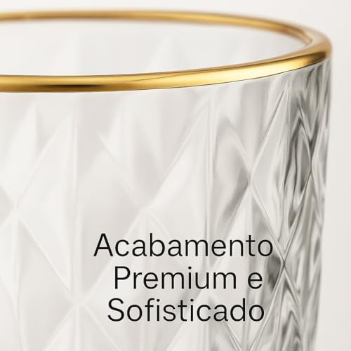 Conjunto 6 Copos de Vidro Lapidado com Borda Dourada, Fio de Ouro – 350 ml | Copos Elegantes para Água, Sucos e Drinks Sofisticados