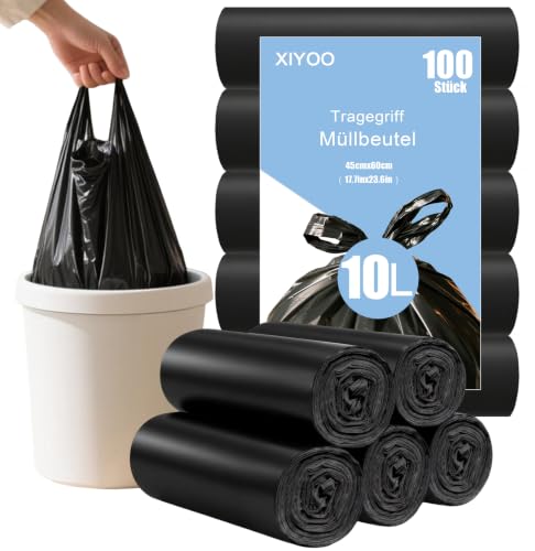 XIYOO Small Bin Liners 10 L with Carry Handle Pack of 100 Black Bin Bags Tear-Resistant Bin Bags Drawstring Rubbish Bags