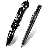 EDC Tactical Pen Tactical Knif Set - Morpilot Glass Breaker for Emergency Survival, Ideal Multitool Gift for Police Military, 2 Ballpoint Pen Refills + 6 LR41 Batteries