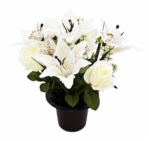 Artificial Silk Rose Lily & Alstromeria Grave Pot Flower Arrangement / Vase Insert Memorial (Cream)