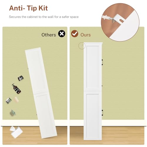 TEENFON 67" H Pantry Storage Cabinet, Bathroom Cabinet with 3 Door Shelves & 1 Drawer, Tall Kitchen Pantry Cabinet for Living Room, Bathroom, Kitchen, White