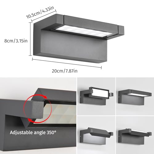 KUKAK 22W LED Indoor and Outdoor Wall Light, IP65 Waterproof 6500K Cool White, Outdoor Wall Light with 350° Swivel Panel for Garden, Terrace, Balcony, Dark Grey