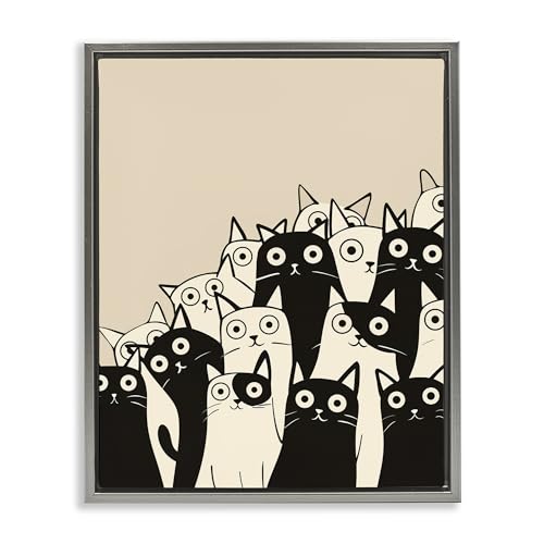 Stupell Industries Fun Modern Black & White Cats Gray Framed Floater Canvas Wal…