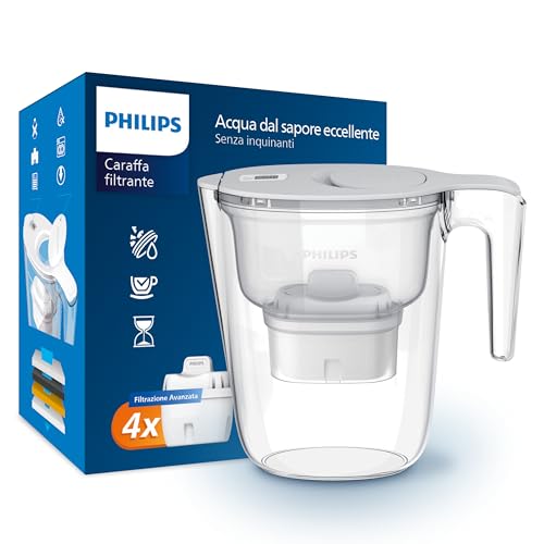 Philips Water Caraffa Filtrante + 4 Cartucce Filtranti di Ricambio, Filtrazione Avanzata, Flusso rapido, Timer elettronico, Filtra Cloro, Calcare, Metalli Pesanti e Microplastiche, Bianco, 2.6 Litri
