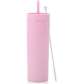 Volhoply 20oz Plastic Skinny Tumbler,Double Wall Tumblers with Lid and Straw,Reusable Travel Iced Coffee Mug,BPA Free Matte Acrylic Water Cups With Straw for Parties,DIY Gifts(Pink, 1 Set