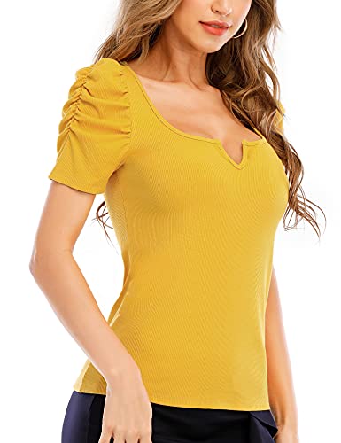IECCP Womens Puff Short Sleeve Top V-Neck Tunic Casual Ribbed Knit T-Shirts Elegant Slim Blouse Yellow