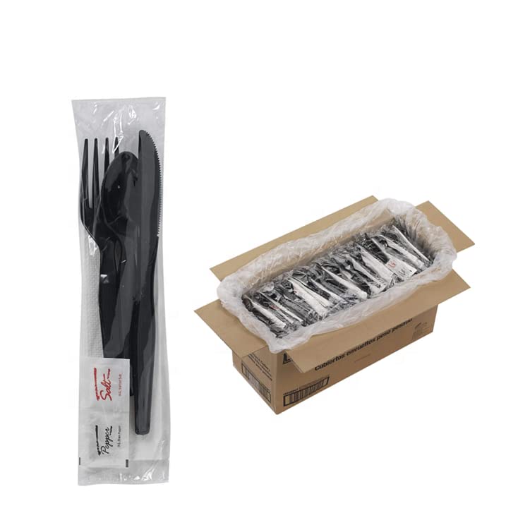Photo 1 of 100 Black & Silver Plastic Cutlery Packets - Knife, Fork, Spoon, Napkin, Salt & Pepper Sets | Individually Wrapped Disposable Silverware