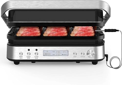 Dxmocos 5 in 1 Indoor Grill, Electric Contact Grill and Griddle, Panini Press Grill Sandwich Maker with Meat Thermometer, LCD Display, Stainless Steel, Healthy Ceramic Nonstick, 2000W