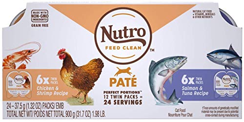 NUTRO Grain Free Natural Wet Cat Food Paté Salmon & Tuna Recipe and Chicken & Shrimp Recipe Variety Pack. PERFECT PORTIONS Twin-Pack Trays 1.32 Oz, 24 Servings (Pack of 2) Total 48 servings.