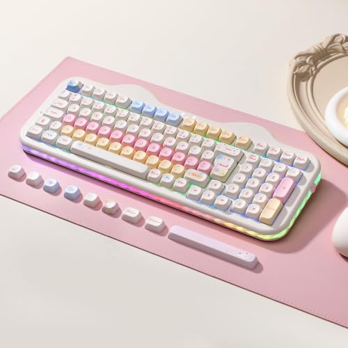 YUNZII C98 FR French AZERTY 100 Keys PBT Mechanical Wireless Gaming Keyboard with Numeric Keypad, Bluetooth/2.4GHz/USB‑C Wired, RGB, Gasket, Cake Theme for Windows/Mac (Beige, Milk V2 Switch)