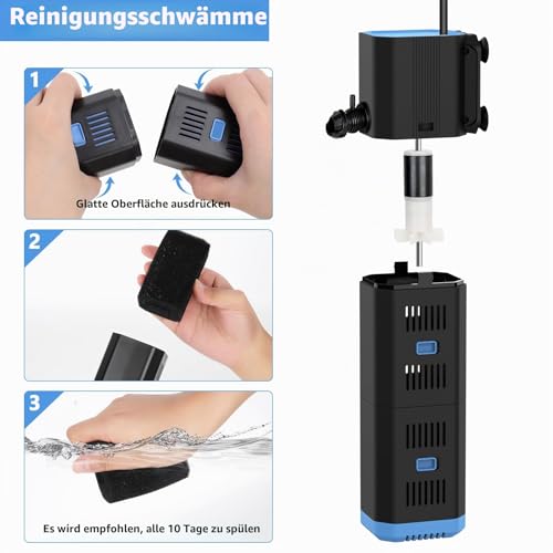 fishkeeper Aquarium Filter, Adjustable 500L/H Aquarium Internal Filter for 30L-120L Aquariums, 4-in-1 Aquarium Pump with Filter, Oxygen, Wavemaker, Filter Sponge (6W (500L/H, ≤120L))