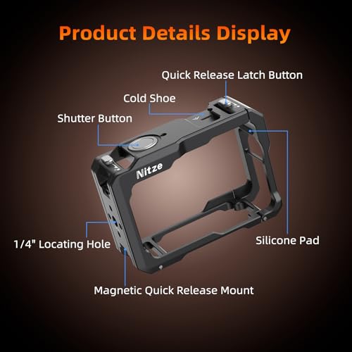 Nitze Action 6 Cage para dji Osmo Action 6, Jaula Metálica con Zapata Fría Integrada, Orificio de Fijación de 1/4" y Montura Magnética de Liberación Rápida - T-D07A