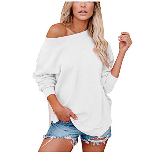 VEKDONE Women Off The Shoulder Sweatshirt Slouchy Loose Tee Shirt Long Sleeve Oversized Tunic Tops Jumper Pullover (White,X-Large) in Kuwait Whizz