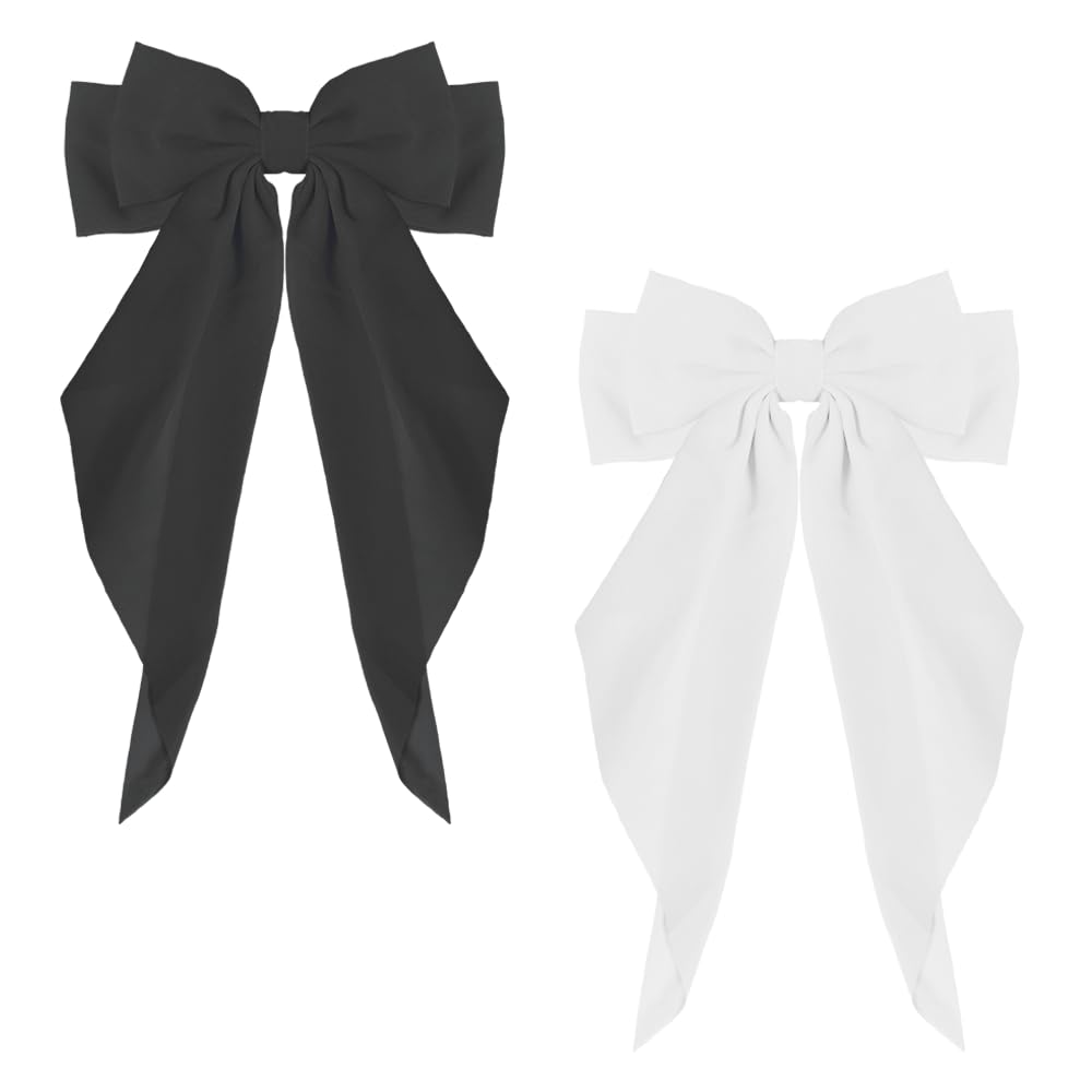 ZEVONDA 2 Pieces Big Bow Barrettes - Chiffon Hair Bow Clips French Bowknot with Long Tail Solid Color Bowknot Metal Hairpin Women Girl (Black+White)