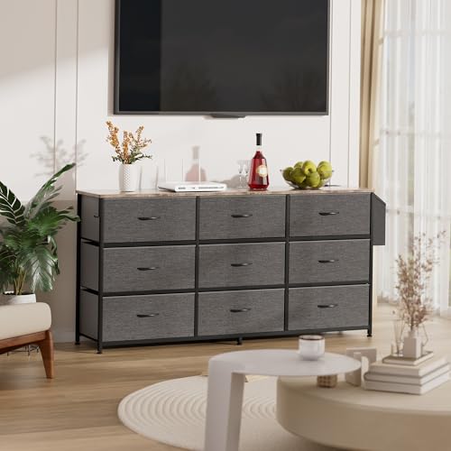 PURFINO Fabric Chest of Drawers - Large TV Stand for 43-65 Inch with 9 Drawers, Label Cards, Side Pocket and Hook, Dresser for Living Room, Hallway, Bedroom