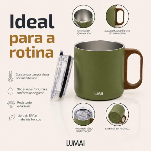 LUMAI Caneca Térmica 350ml Inox com Tampa Antivazamento Premium - Verde | Caneca de Café Caraíva, Aço Inox 304, Parede Dupla com Isolamento Térmico, Alça Estilo Madeira, Bebidas Quentes ou Frias