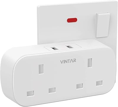 VINTAR Double Plug Adaptor 2 USB 2 Way UK 3 Pin Power Socket White