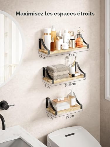 Pipishell Set of 3 Wall Shelves, Wood and Metal Wall Shelves, Rustic Metal Wire Storage Shelves, Maximum Load 10 kg (Brown)