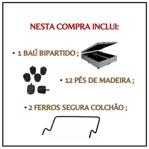 Cama Box Baú Queen Bipartido 79, Blindado, Pistão á Gás, Pés de Madeira (Corino, Cinza)