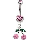Pierced Owl 14GA 316L Stainless Steel CZ Crystal Pink Cherry Dangling Belly Button Ring